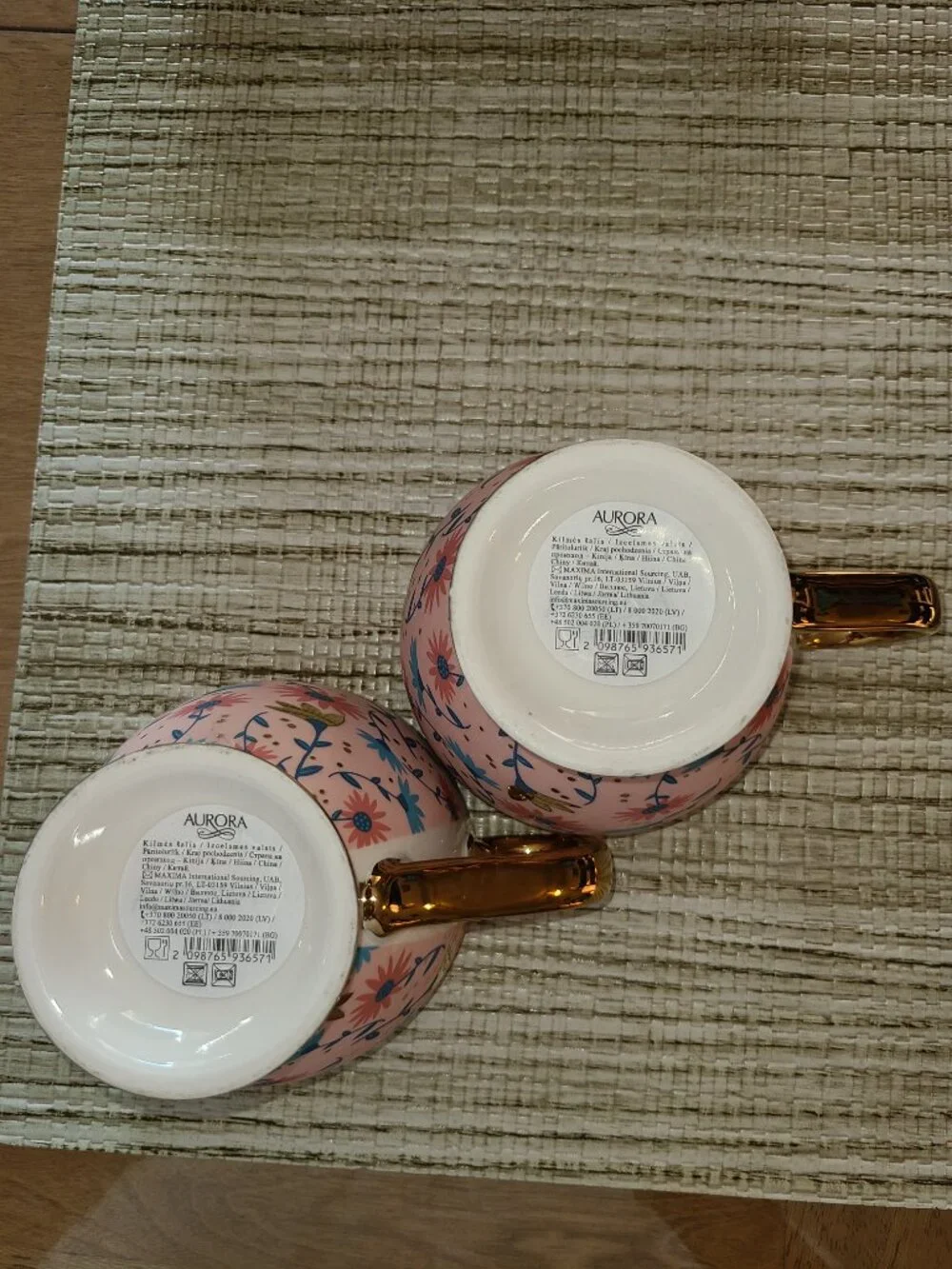 Pair of Aurora Maxwell Int'l Ceramic Porcelain Mugs Blue Pink Gold Tone Trim